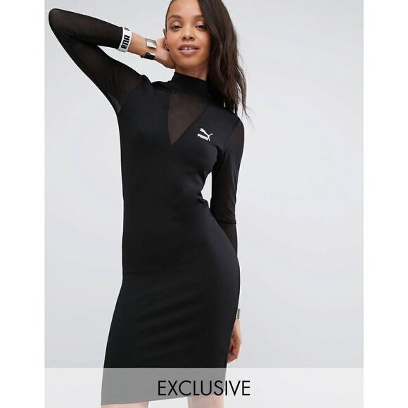PUMA Exclusive To ASOS Bodycon Dress With Mesh Insert Tape Logo Stretch Bandage - Picture 2 of 15